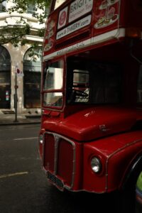 close up of double decker bus