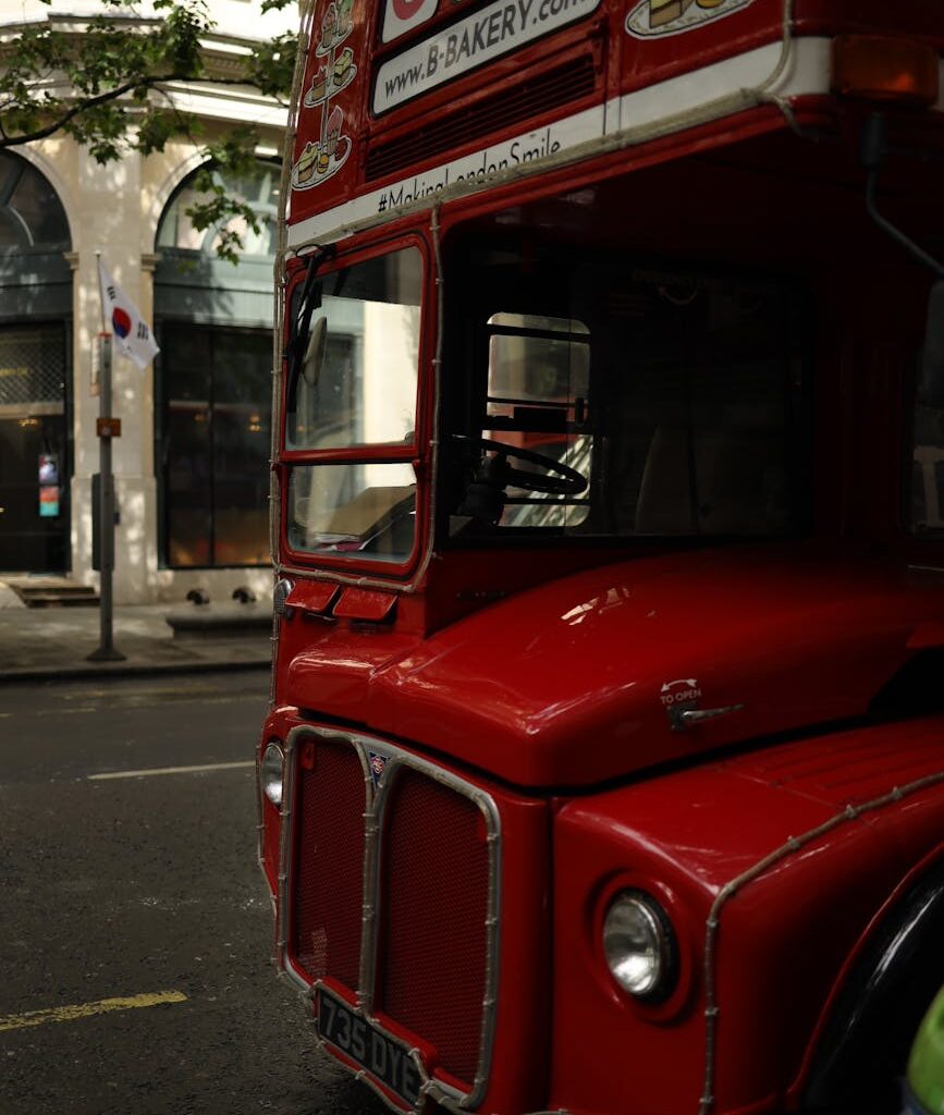 close up of double decker bus