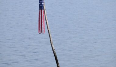american flag on cross in water