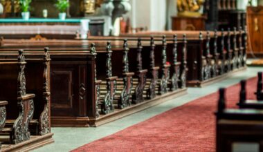elegant church interior with wooden pews