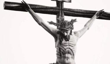 grayscale photo of the crucifix