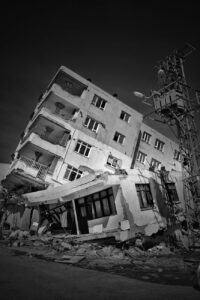 ruined building in black and white