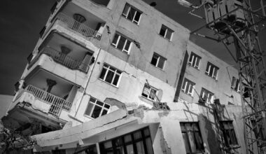 ruined building in black and white