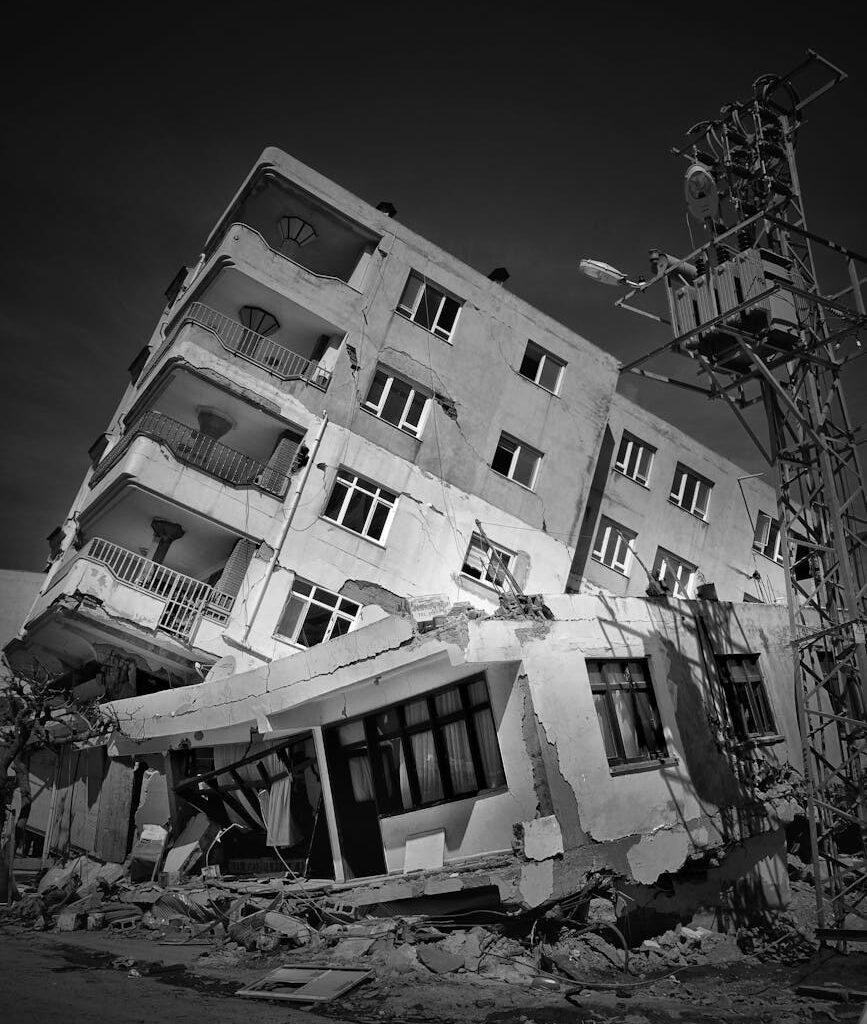 ruined building in black and white