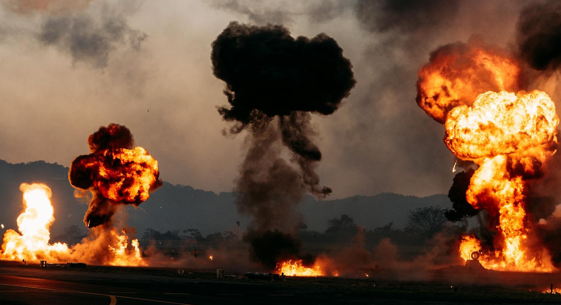 dramatic fire and explosion scene outdoors