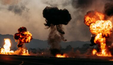 dramatic fire and explosion scene outdoors