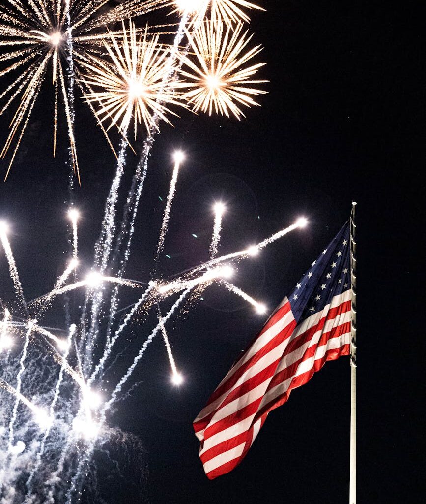 the flag of america during a fireworks display