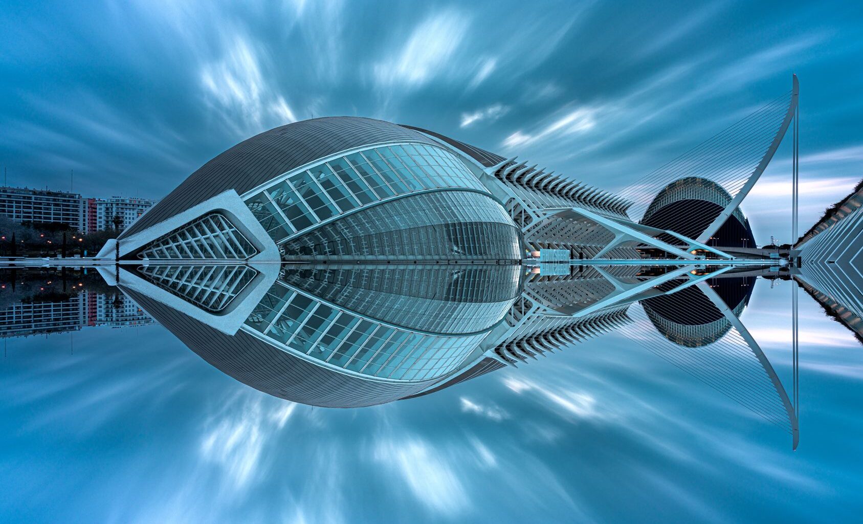 symmetrical reflection of futuristic architecture