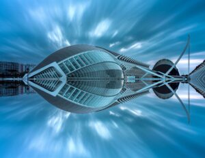 symmetrical reflection of futuristic architecture