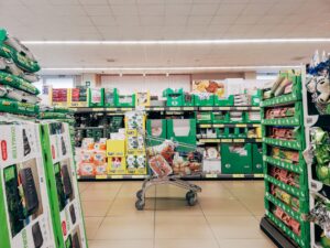 a shopping cart in a grocery store