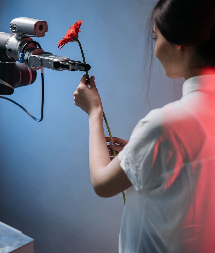 woman taking a red flower from a robot